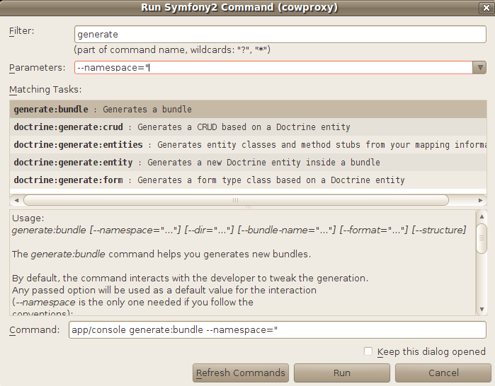 list of executable symfony2 commands in netbeans