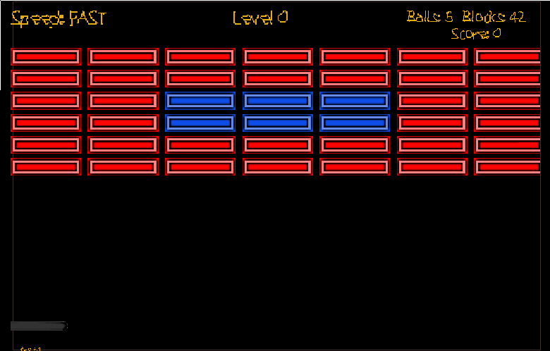 breakout game start: 6 rows of blocks waiting to be broken, a paddle, but no ball so far