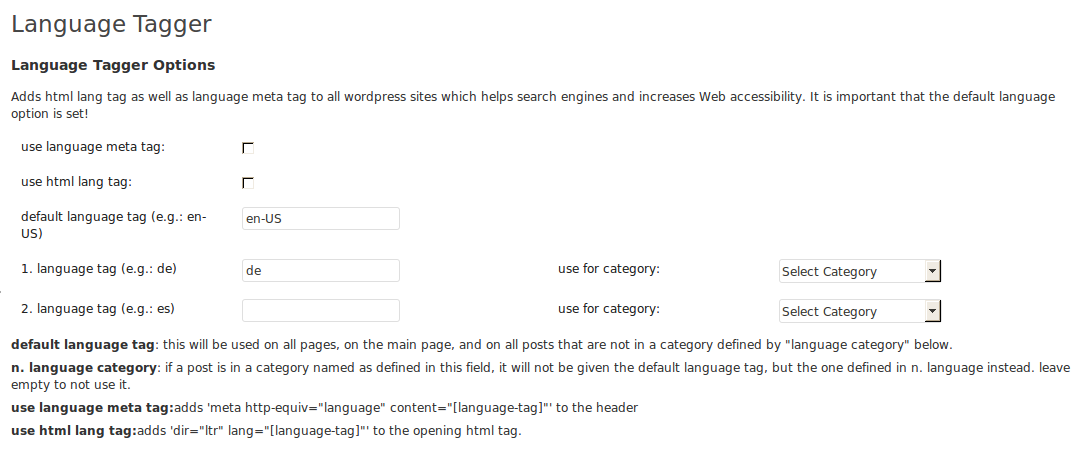 wordpress plugin language tagger: settings